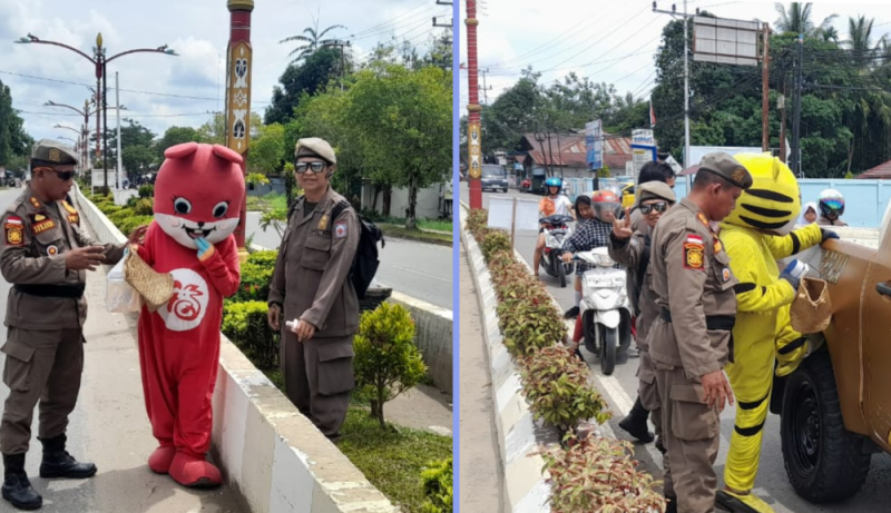 Satpol PP Murung Raya Tertibkan Dua Pengemis Berkostum Badut di Lampu Merah